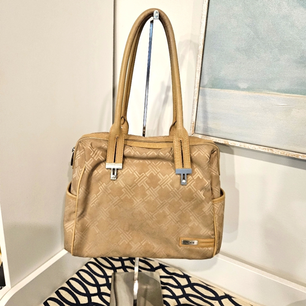 Tumi Signature Tan Satchel HandBag Monogram Leather Straps Interior Pock…